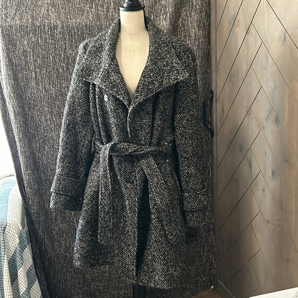 Wool lined mid length Calvin Klein trench style coat with leather trim
